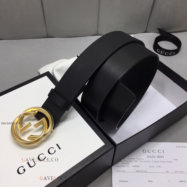 Gucci Leather Men's Belt Gold Interlocking GG Buckle w Box